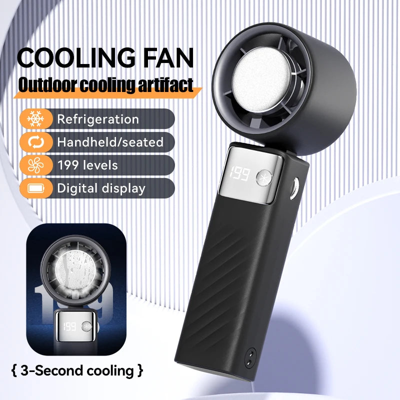 Fanio Handheld Vortex Fan, USB Rechargeable, Semiconductor Ice Cooling, High-Speed with 199-Level Digital Display