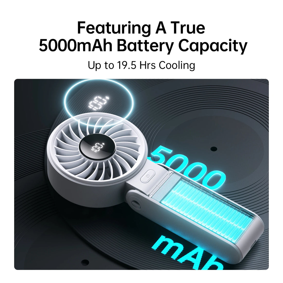 Fanio 3-in-1 Handheld Fan, 5000mAh Rechargeable, 5-Speed LED Display, 150° Foldable for Hand, Desk & Neck Use