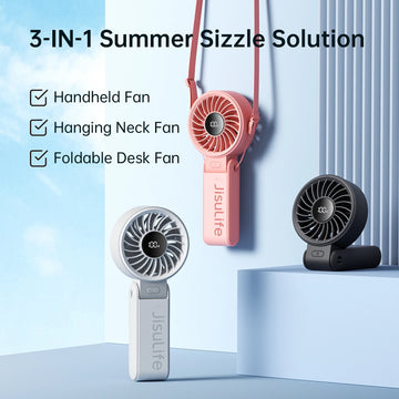 Fanio 3-in-1 Handheld Fan, 5000mAh Rechargeable, 5-Speed LED Display, 150° Foldable for Hand, Desk & Neck Use