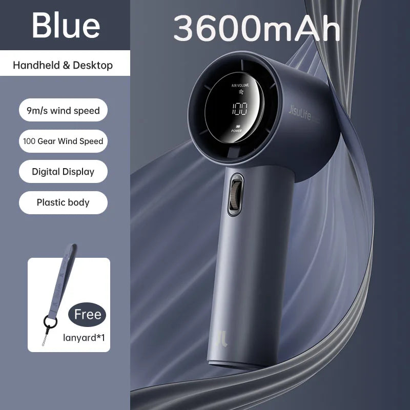 Fanio Mini Hand Fan, 5000mAh Rechargeable, 100-Speed LED Display, Portable for Travel & Outdoor