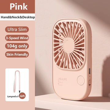 Fanio Mini Handheld Fan, USB Rechargeable, Portable Desk & Lash Fan with Bracket & Lanyard