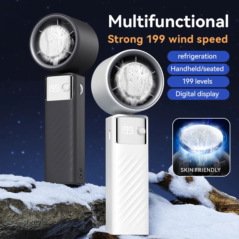 Fanio Handheld Vortex Fan, USB Rechargeable, Semiconductor Ice Cooling, High-Speed with 199-Level Digital Display
